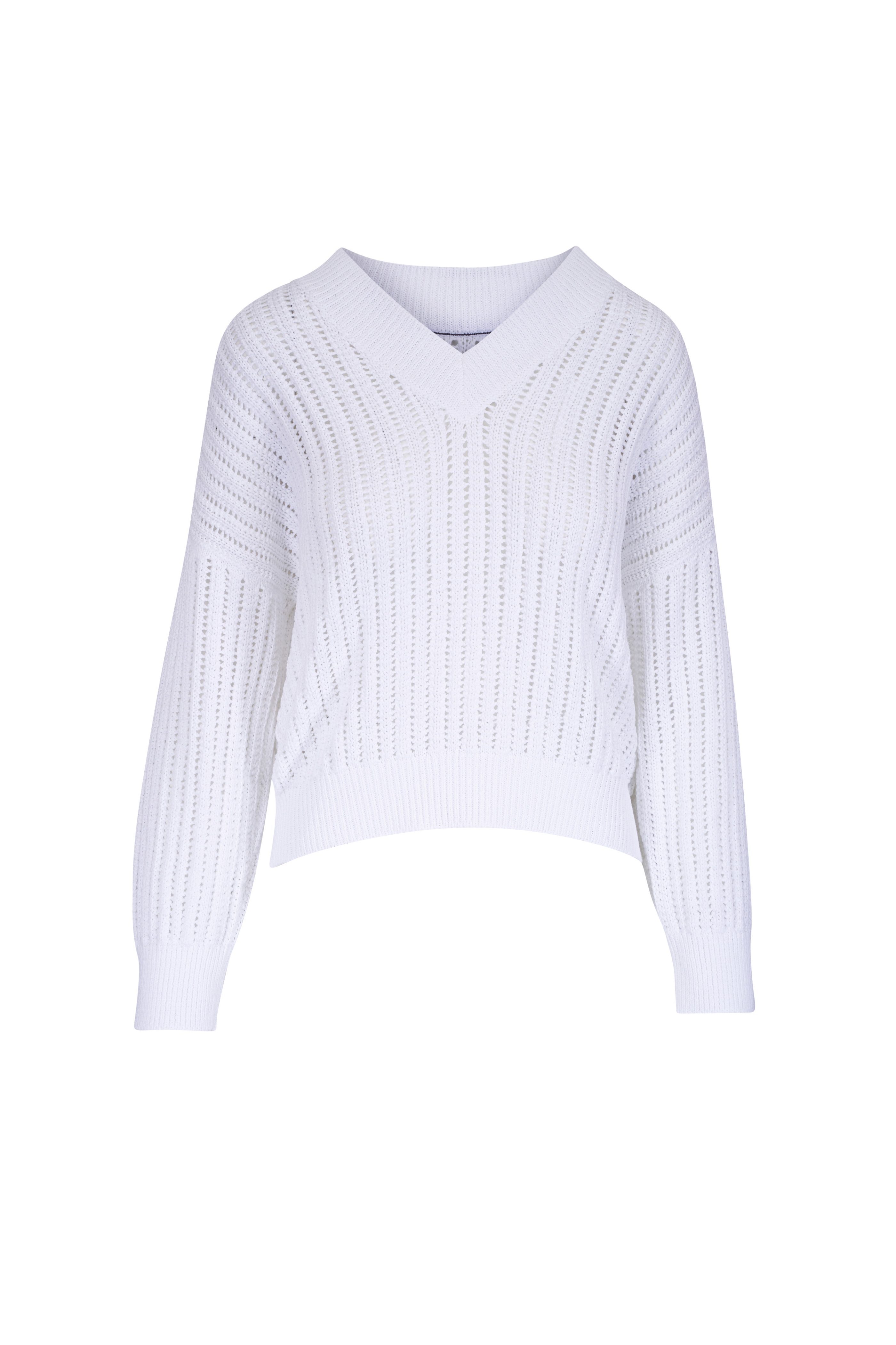 Brunello Cucinelli - White Cotton Monili V-Neck Sweater Brunello Cucinelli - White Cotton Monili V-Neck Sweater
