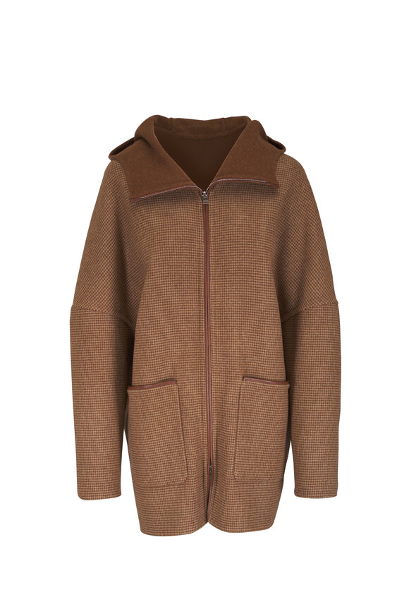 Kiton Camel Houndstooth Wool, Cashmere Hooded Overcoat - view 1