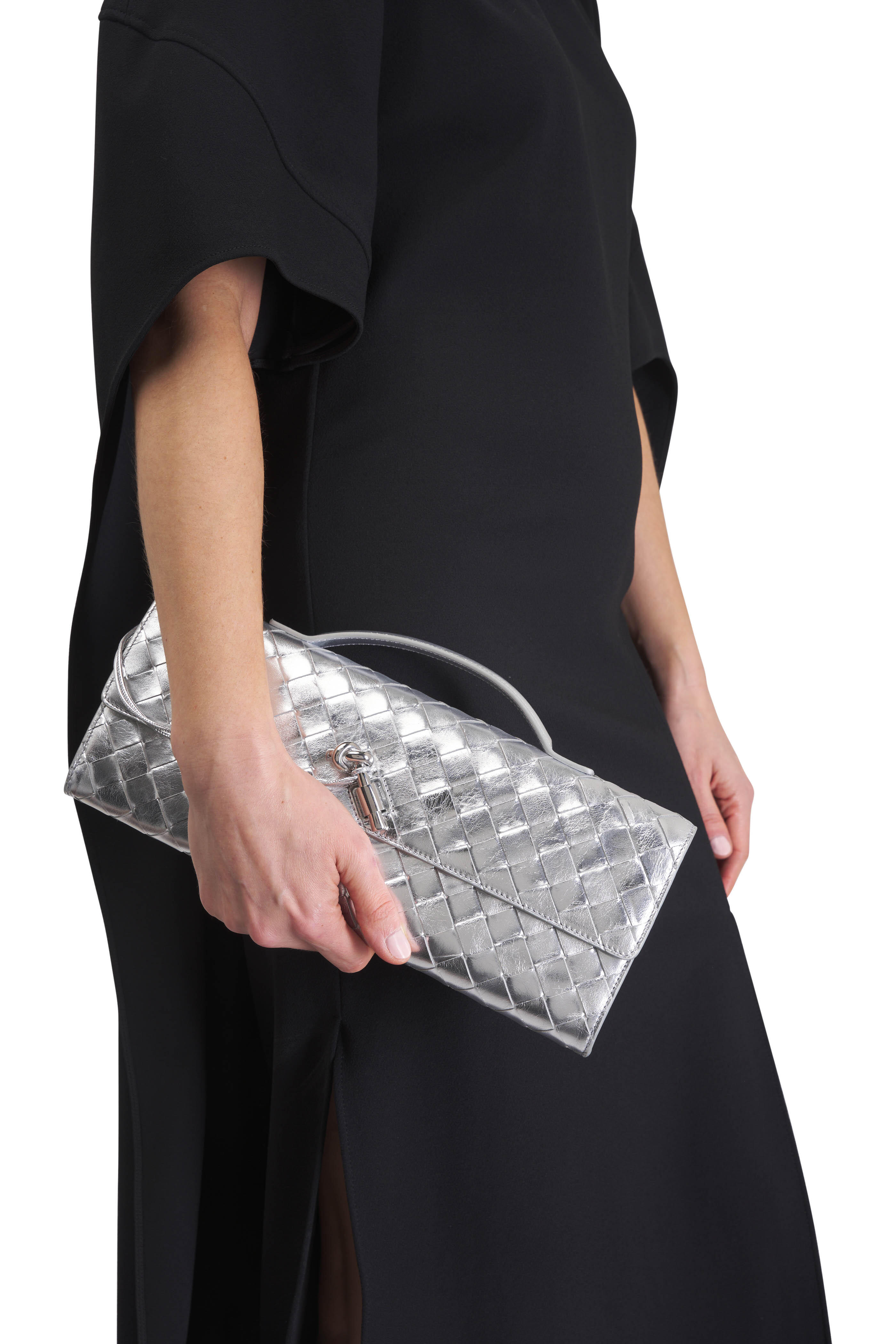 Bottega Veneta - Andiamo Metallic Silver Intrecciato Leather Clutch