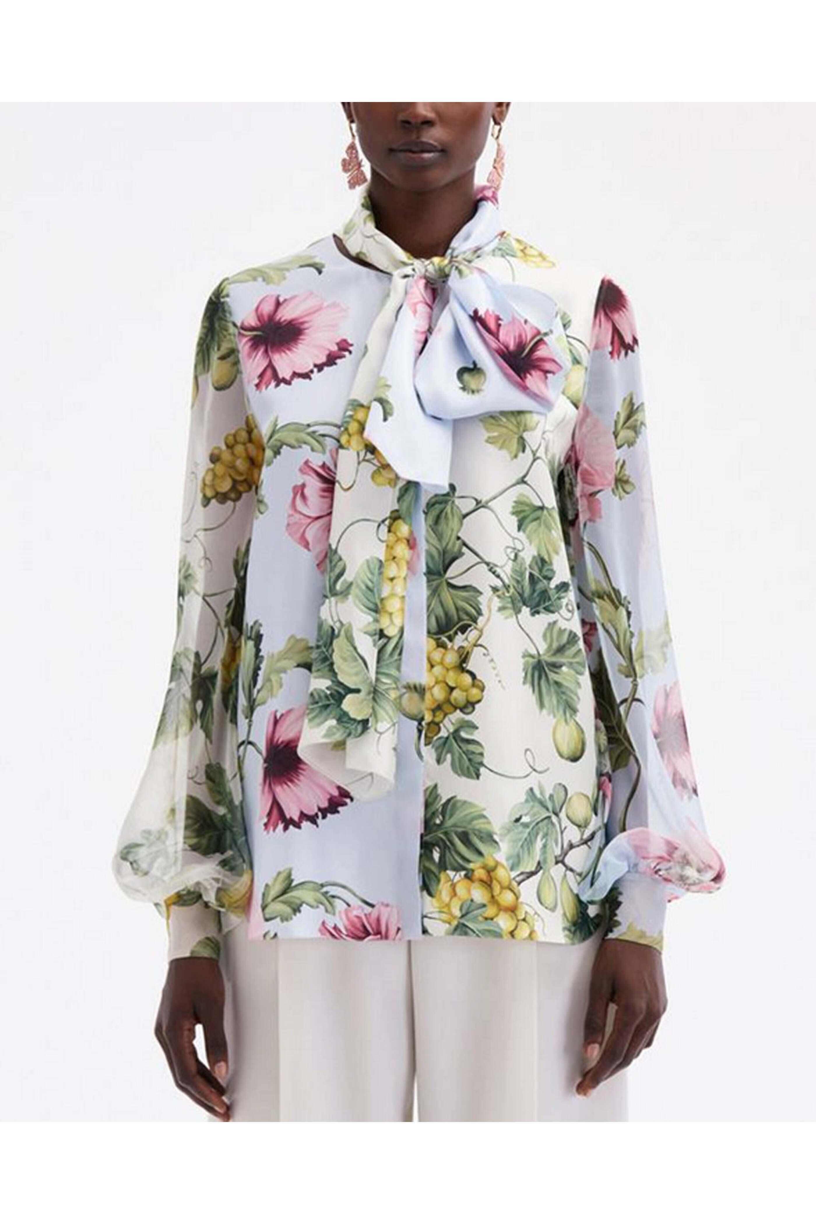 Oscar de la Renta - Poppy Print Long Sleeve Tie Neck Blouse