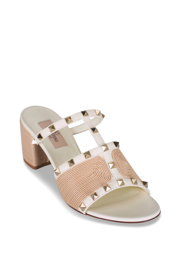 Valentino Garavani Ivory Leather & Raffia Rockstud Block Heel, 60mm