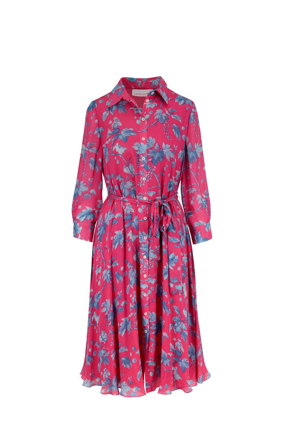 Carolina Herrera - Pink & Blue Floral Printed Belted Shirtdress 