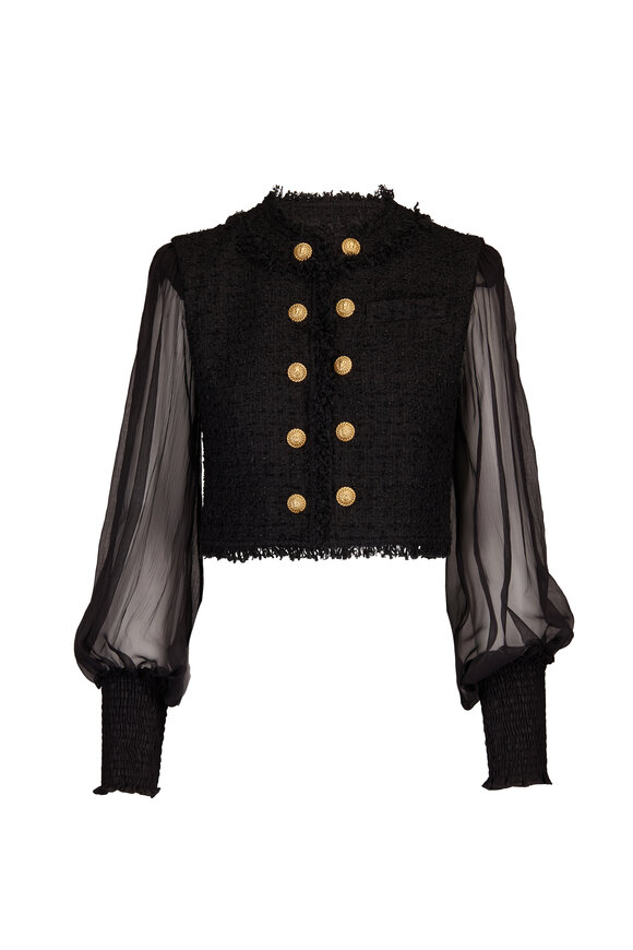 Balmain Cropped Black Tweed & Muslin Jacket - view 1