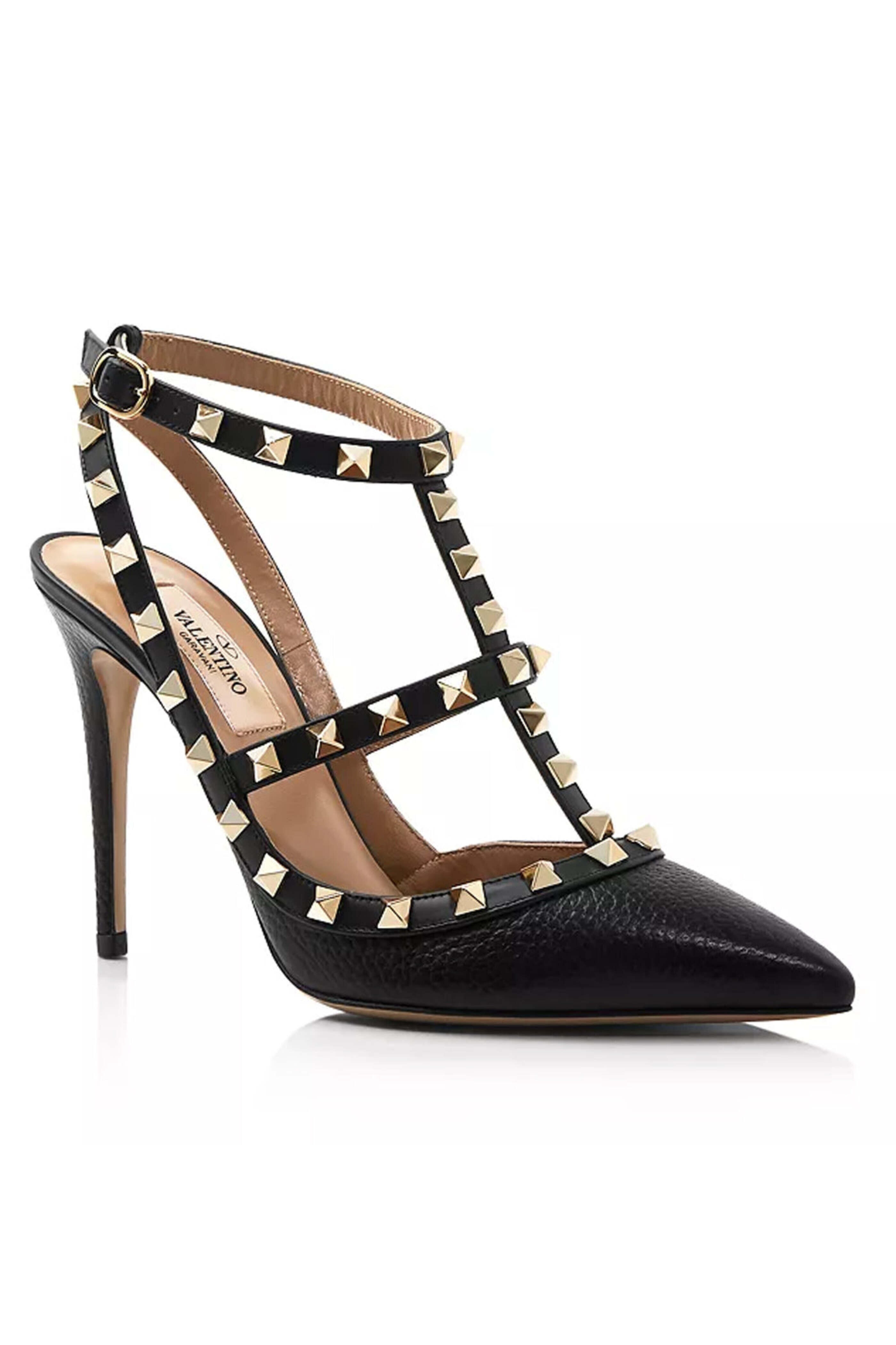 Valentino Garavani - Black and Gold Rockstud Ankle Strap Pump