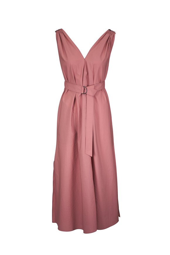 Brunello Cucinelli Belted Pink Cotton Poplin Midi Dress