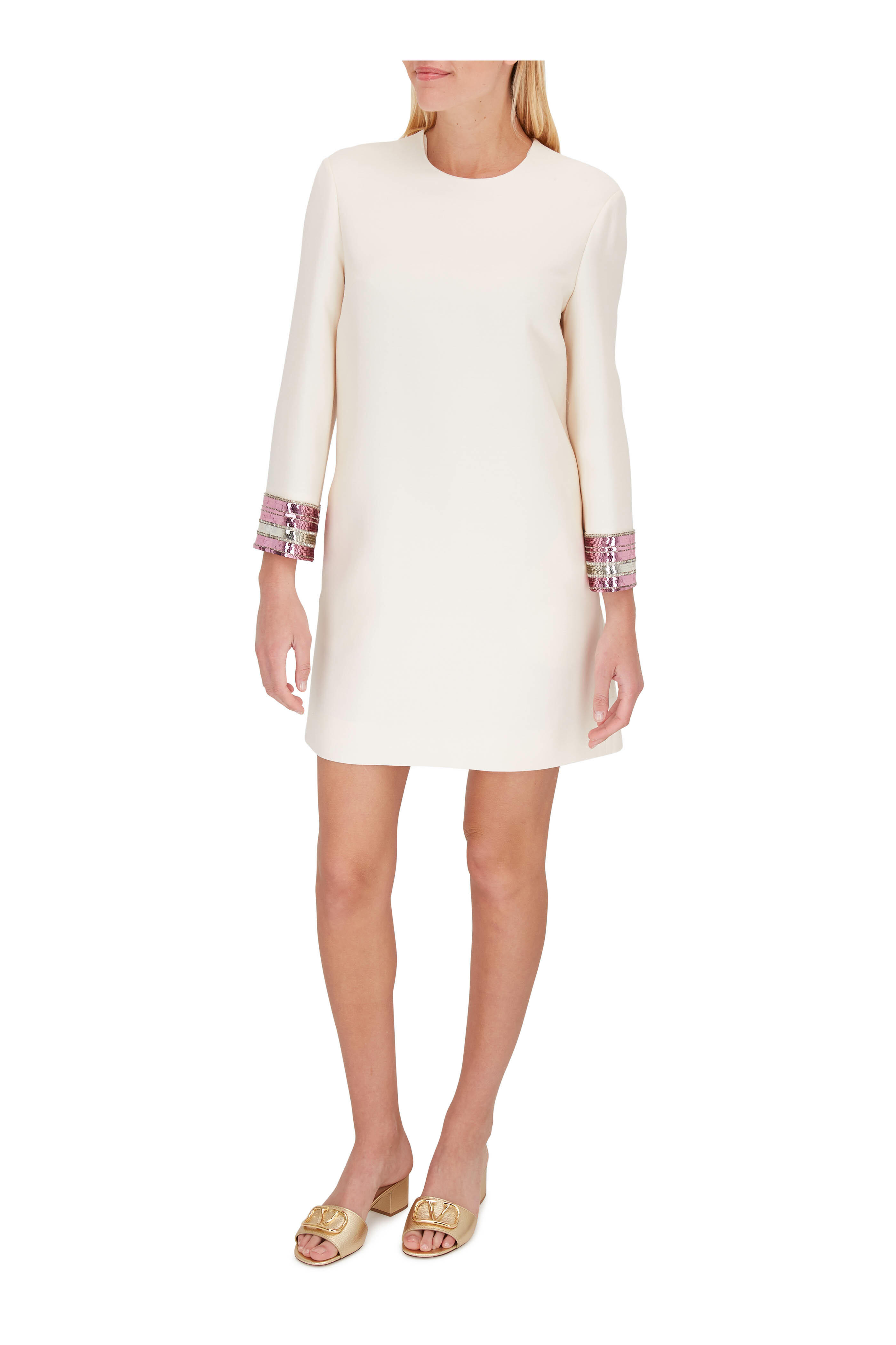 Valentino - Ivory Crepe Couture Sequin Cuff Long Sleeve Dress