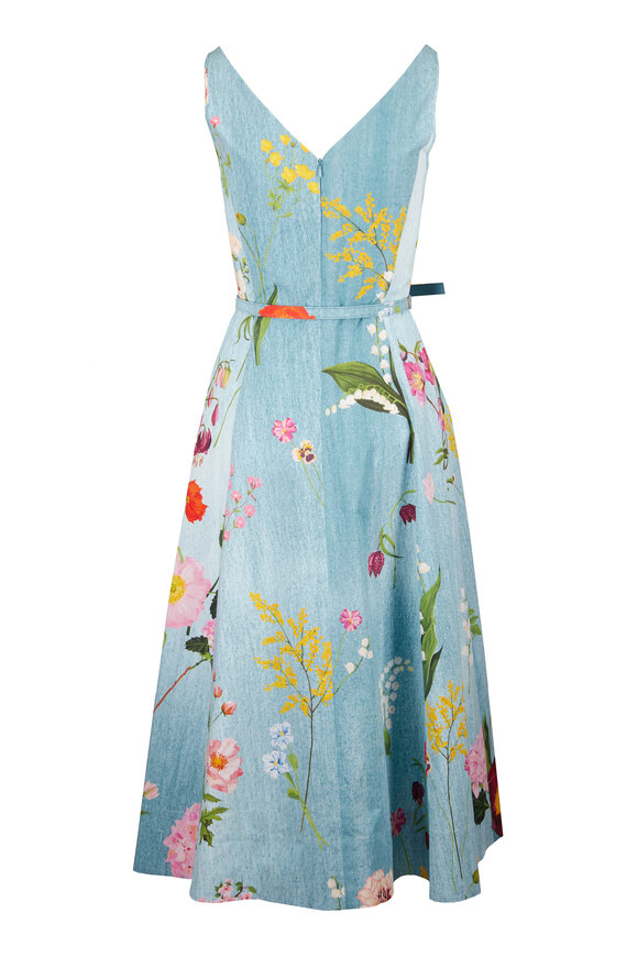 Oscar de la Renta Blue Mixed Botanical Cotton Poplin Dress - view 2
