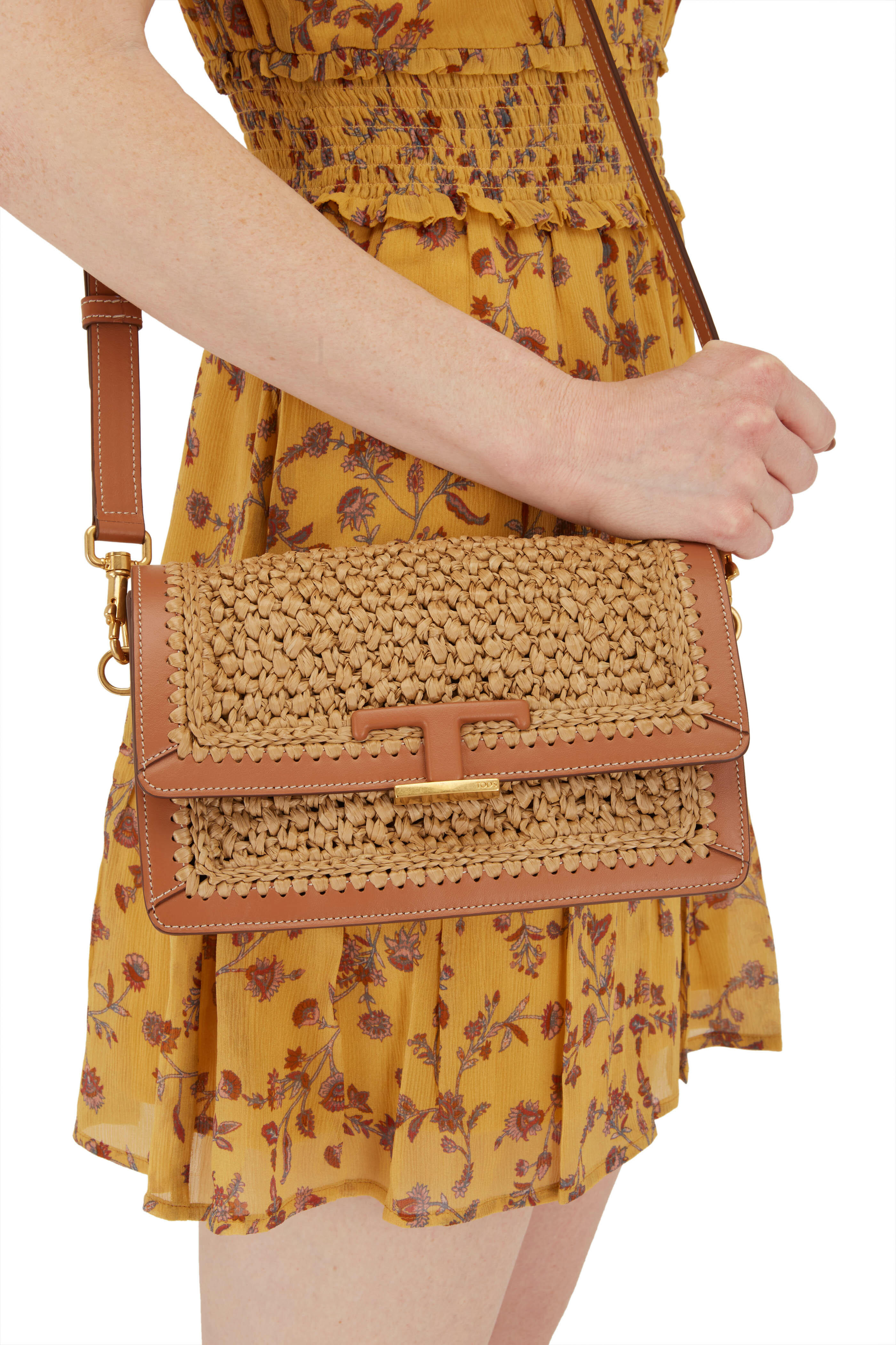 WOVEN DARK TAN RAFFIA CROSSBODY BAG