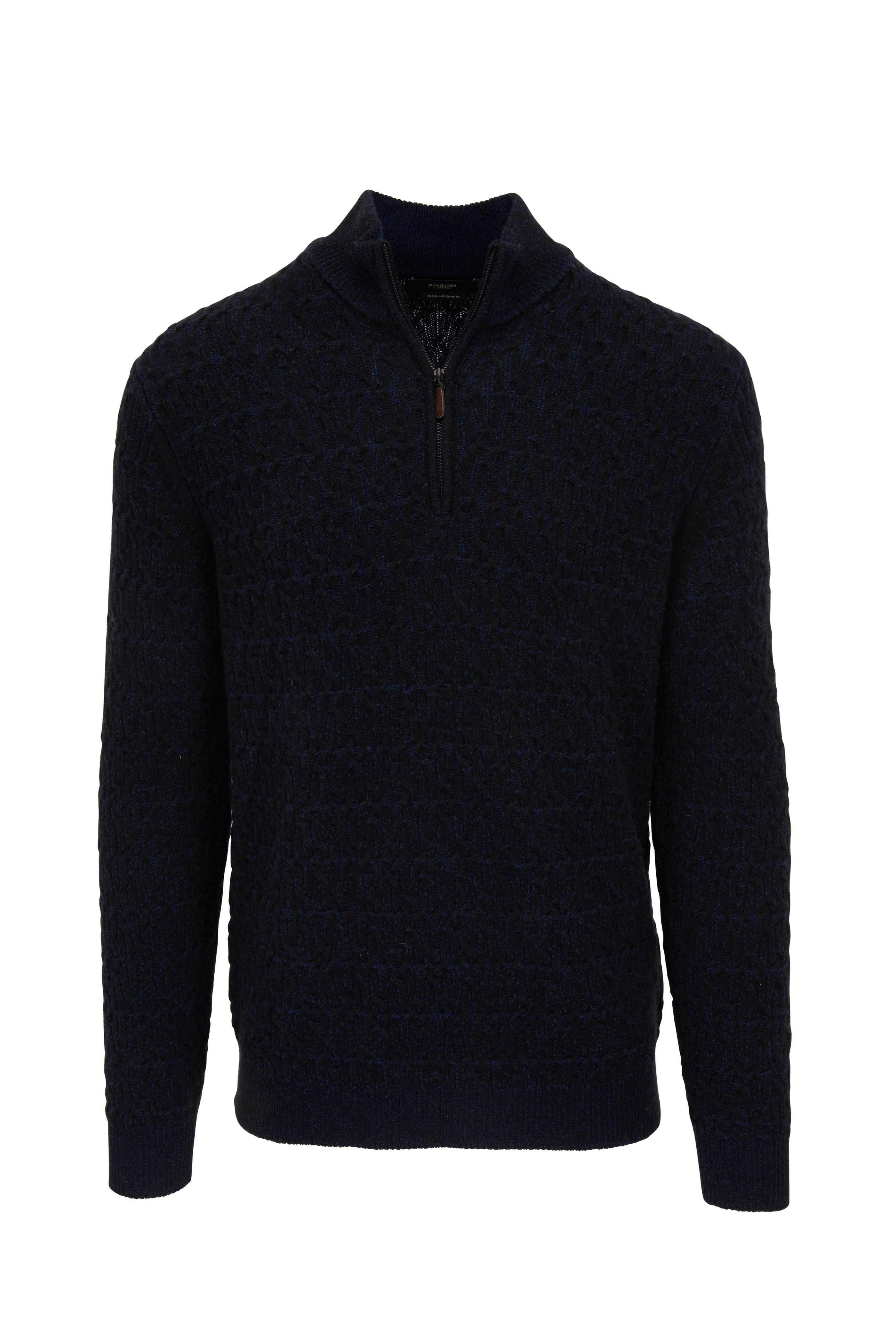 Kinross - Black Plaited Cashmere Quarter Zip Pullover
