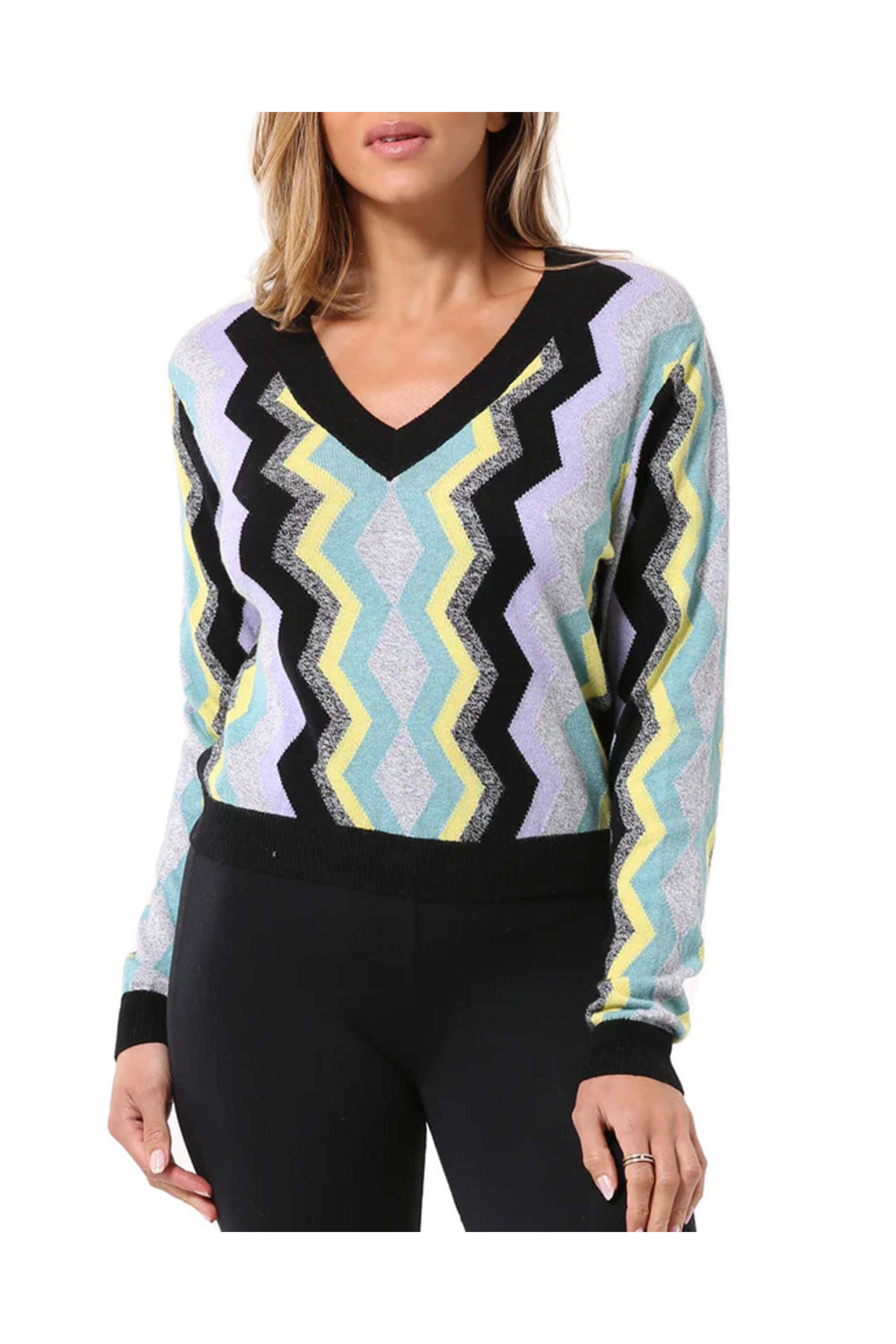 Minnie Rose - Multicolor Chevron V Neck Cashmere Sweater