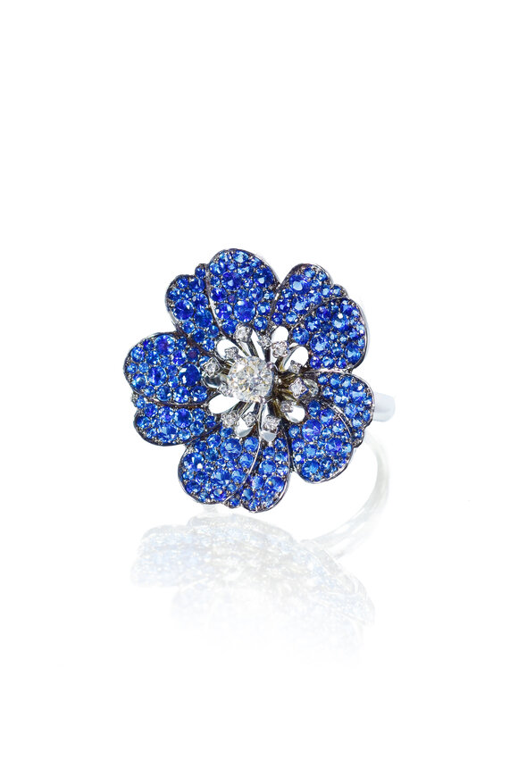 Nam Cho Large Sapphire & Diamond Flower Ring