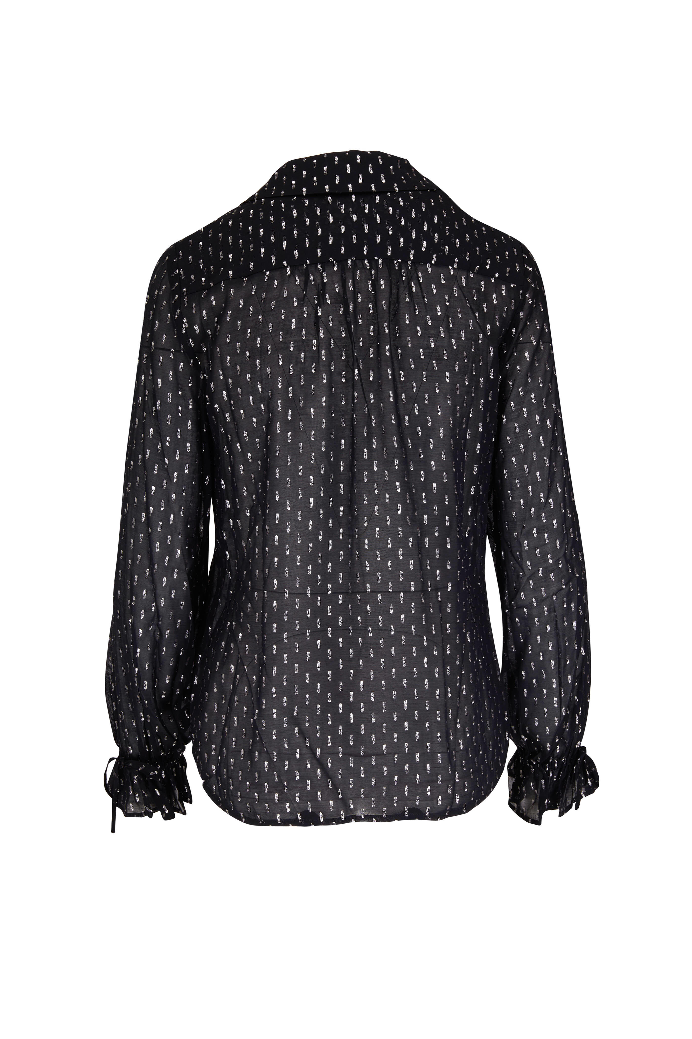 L'AGENCE 2024 Black Sheer Metallic Dots Long Sleeve Button Blouse XS