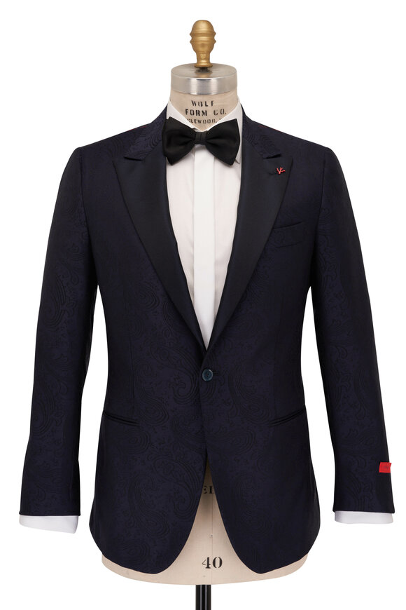 Isaia - Navy Tonal Floral Jacquard Wool Dinner Jacket