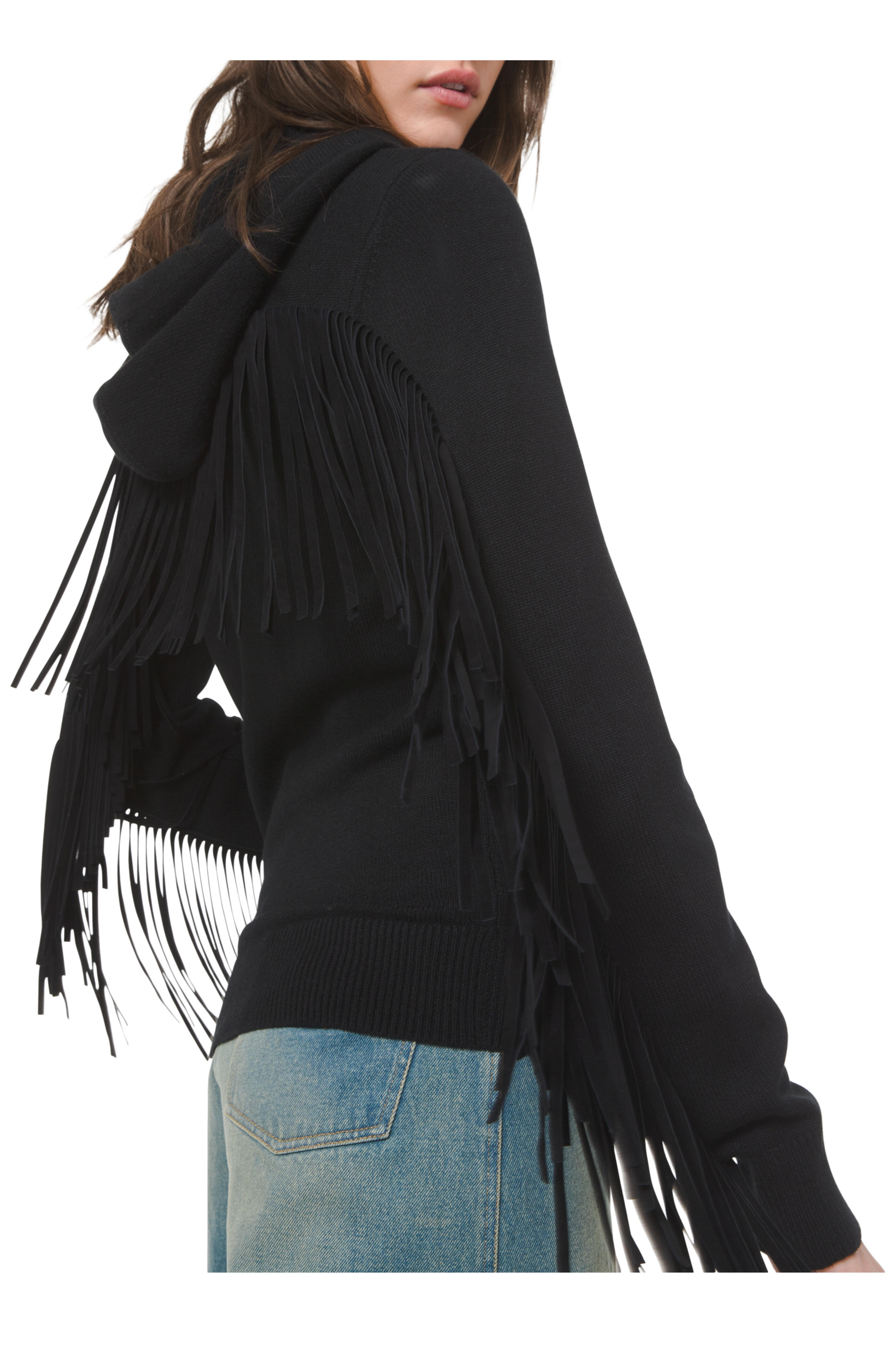 Michael Kors Collection - Black Cashmere & Leather Fringed Zip Hoodie