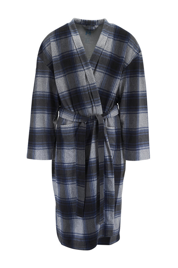 Majestic Silver & Navy Plaid Microfleece Robe