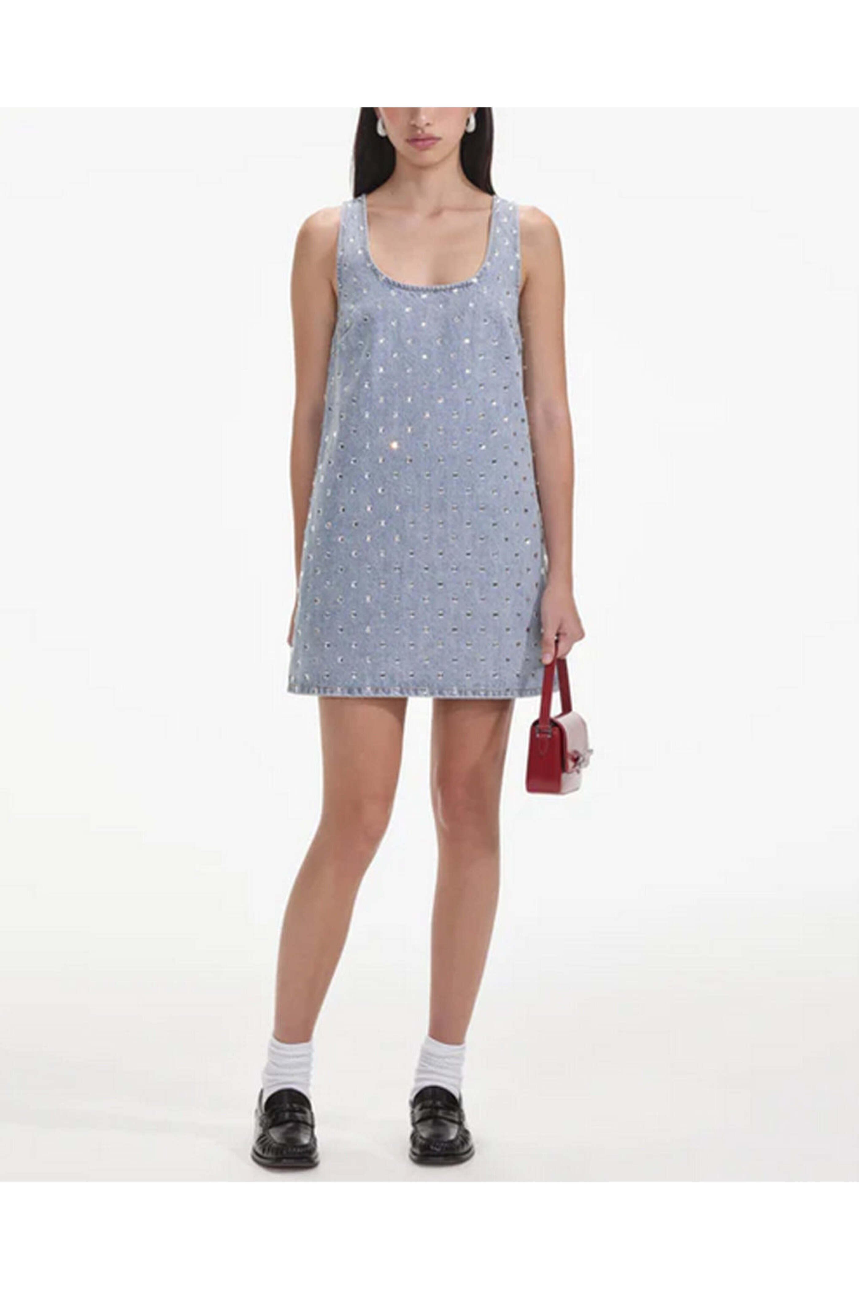 Self - Portrait - Light Blue Rhinestone Denim Mini Dress