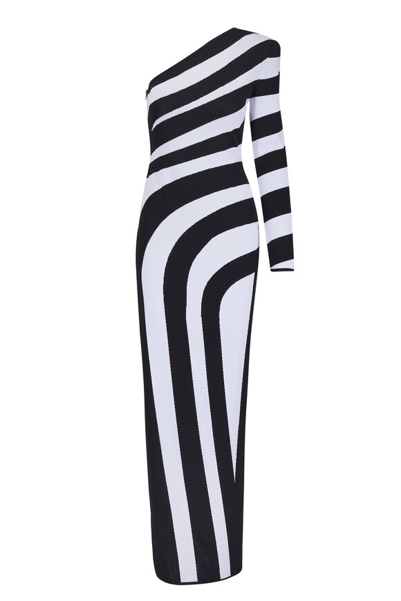 Balmain Black & White One Shoulder Knit Maxi Dress - view 1