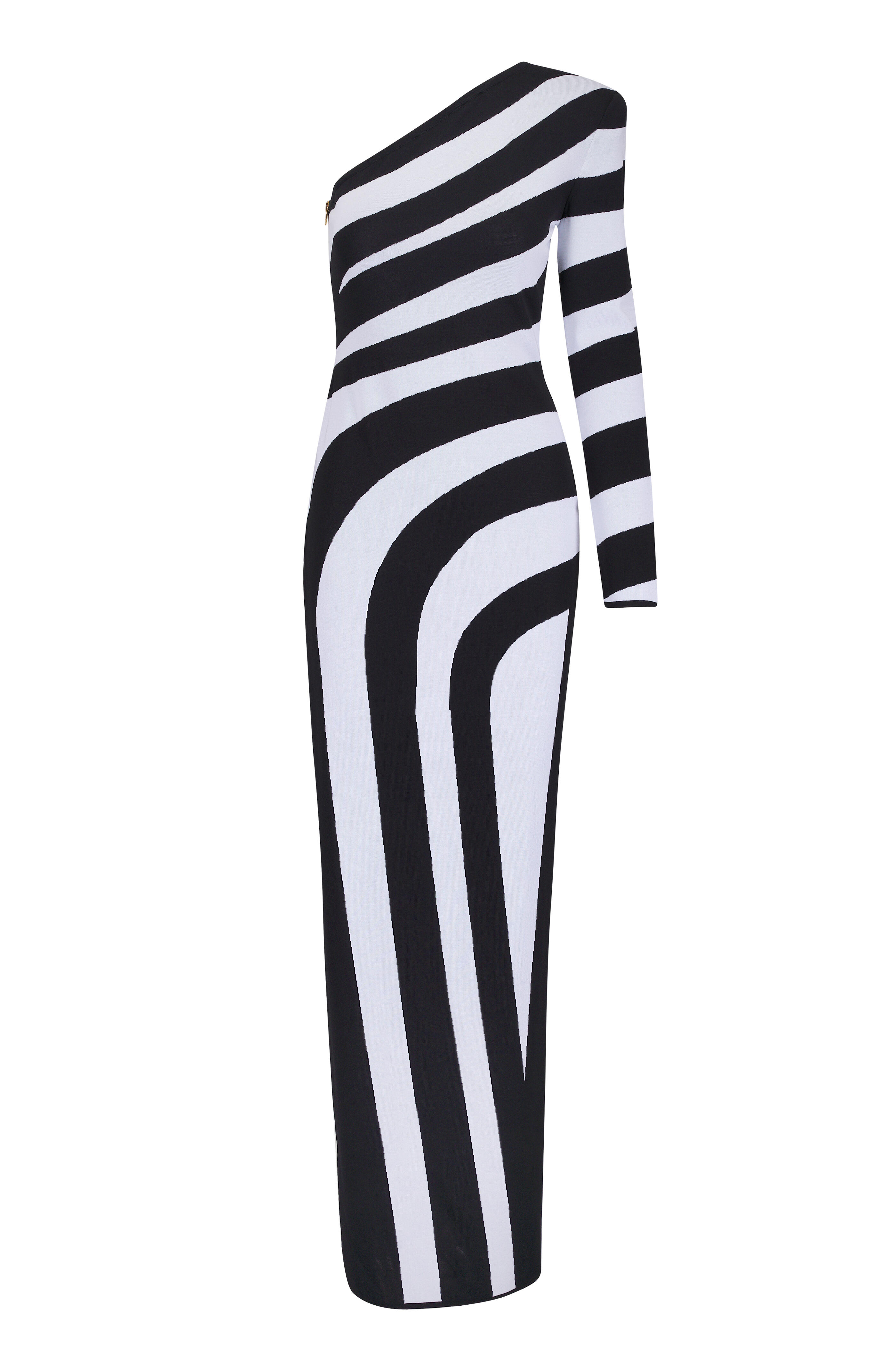 Balmain - Black & White One Shoulder Knit Maxi Dress
