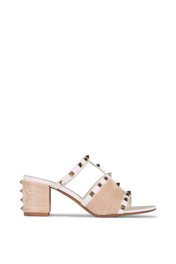 Valentino Garavani Ivory Leather & Raffia Rockstud Block Heel, 60mm - view 3