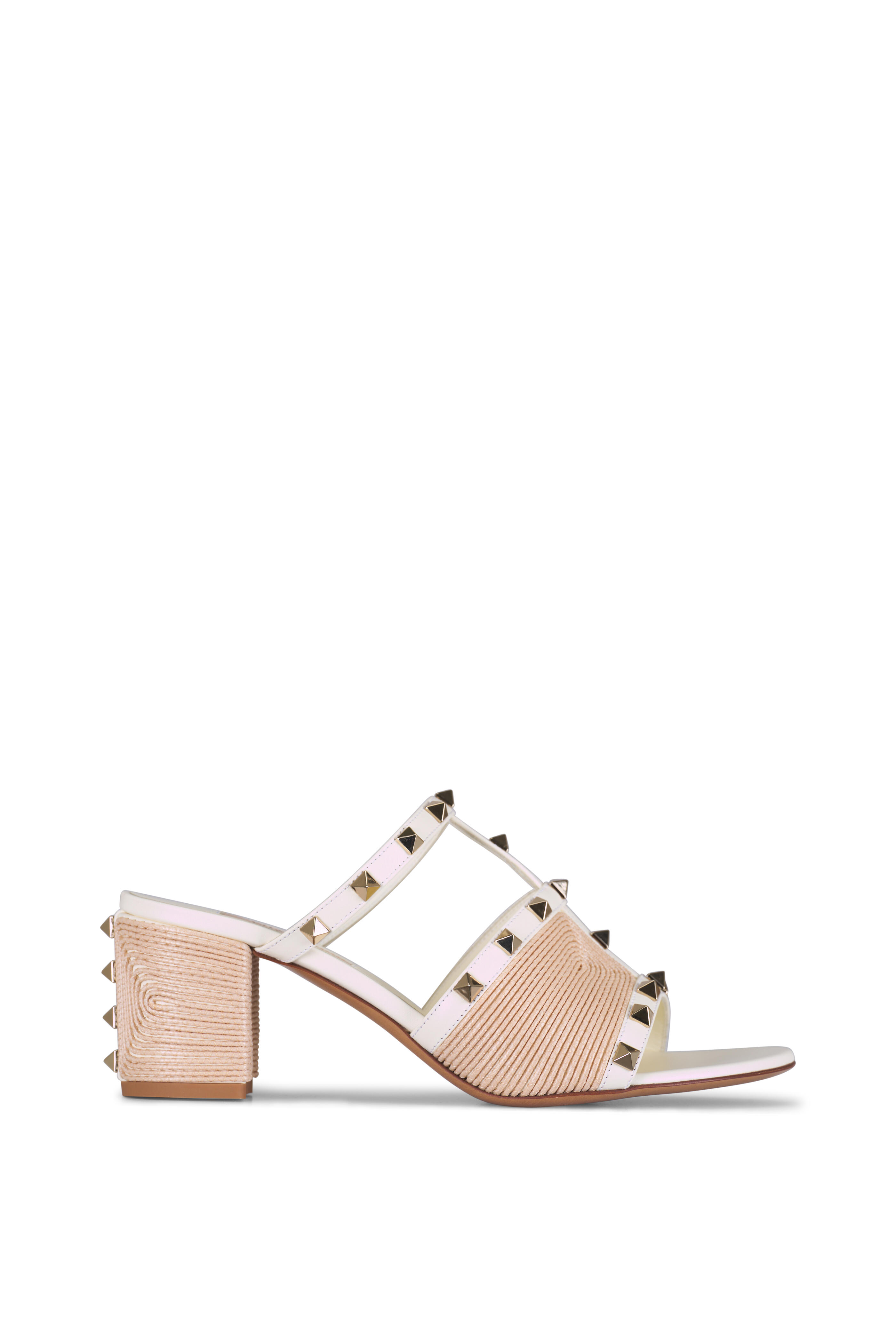 Valentino Garavani - Ivory Leather & Raffia Rockstud Block Heel, 60mm