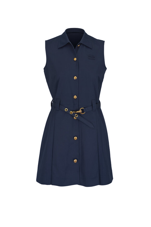 Miu Miu Navy Blue Poplin Belted Midi Dress - view 1