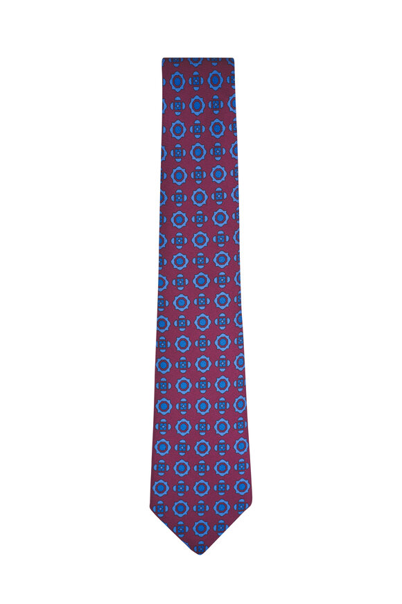 Kiton Red & Blue Medallion Print Silk Necktie