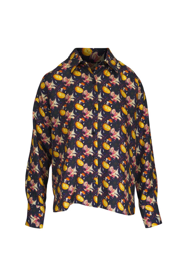 Odeeh Purple & Gold Floral Silk Button Down Blouse