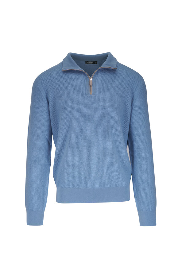 Zegna - Blue Cashmere & Silk Crewneck Sweater | Mitchell Stores