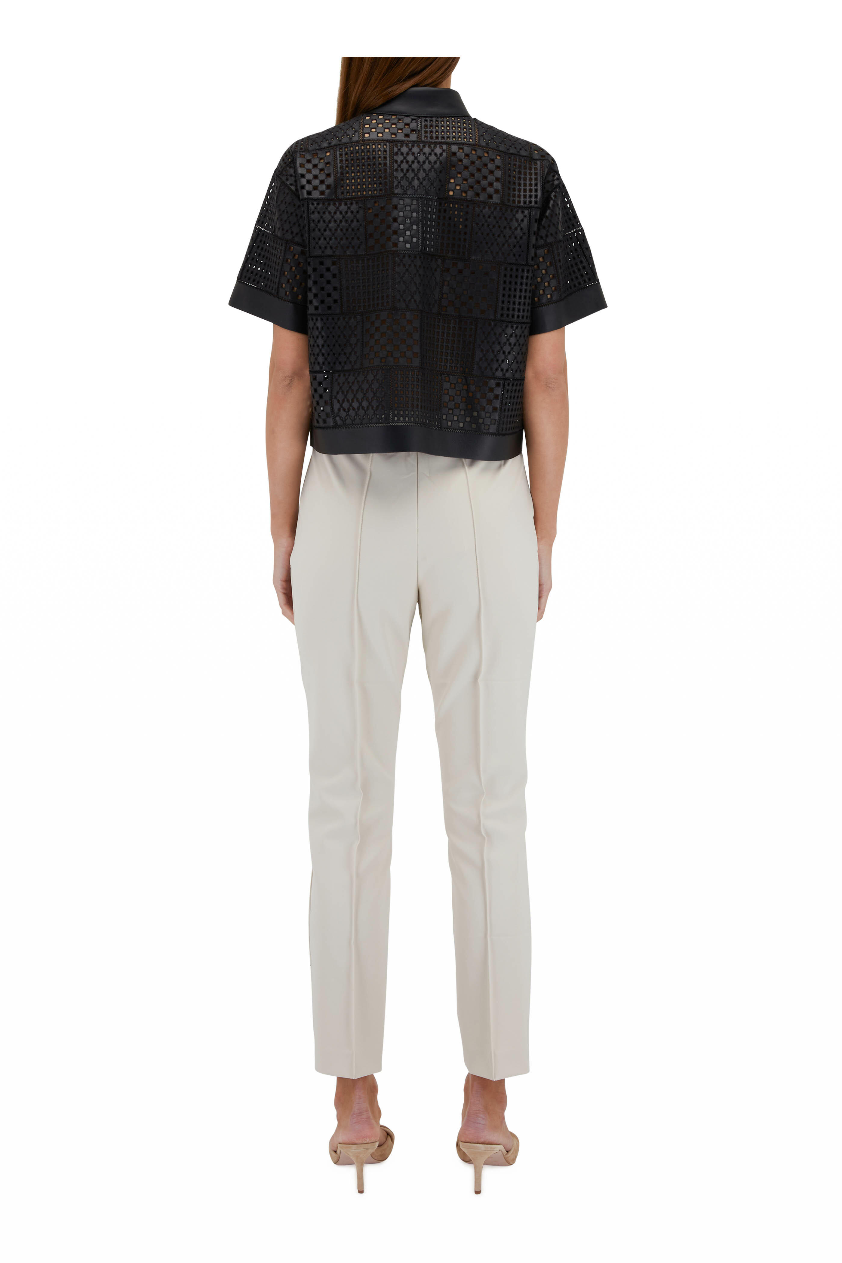 Lafayette 148 New York - Trent Black Leather Embroidered Patchwork Blouse