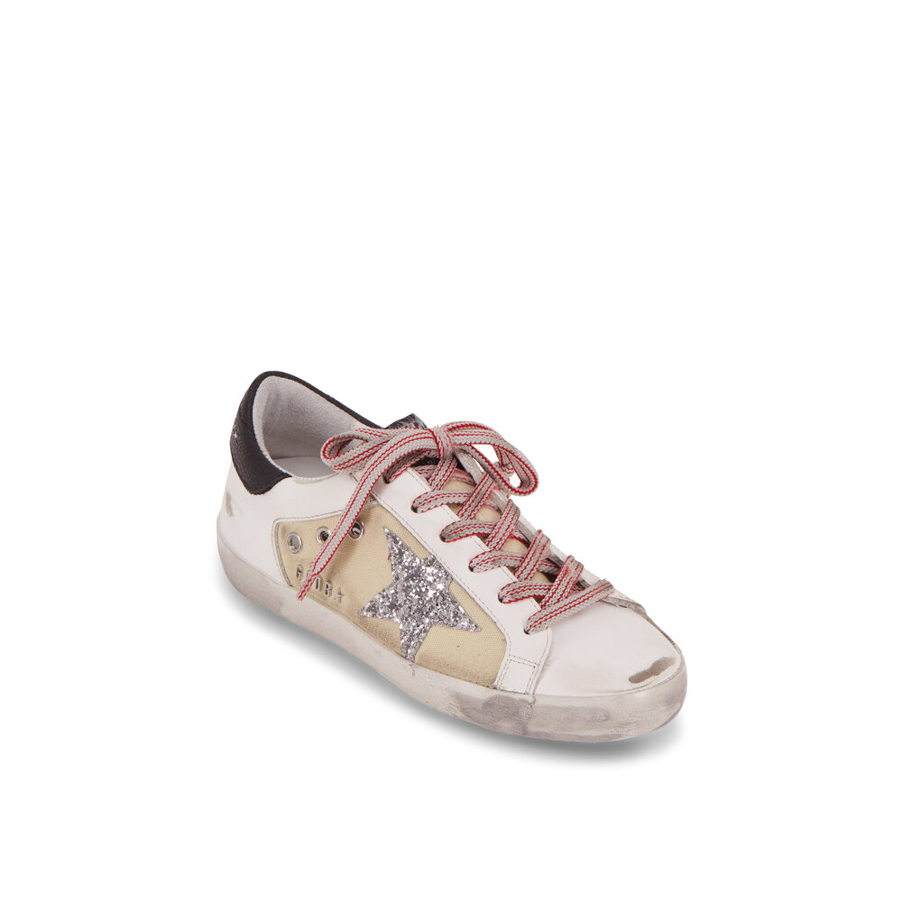 Golden Goose - Superstar Beige Canvas Silver Glitter Star