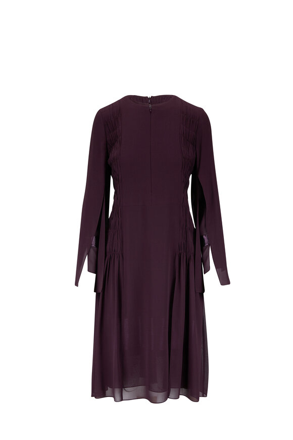 Akris - Plum Pleated Silk Georgette Long Sleeve Dress