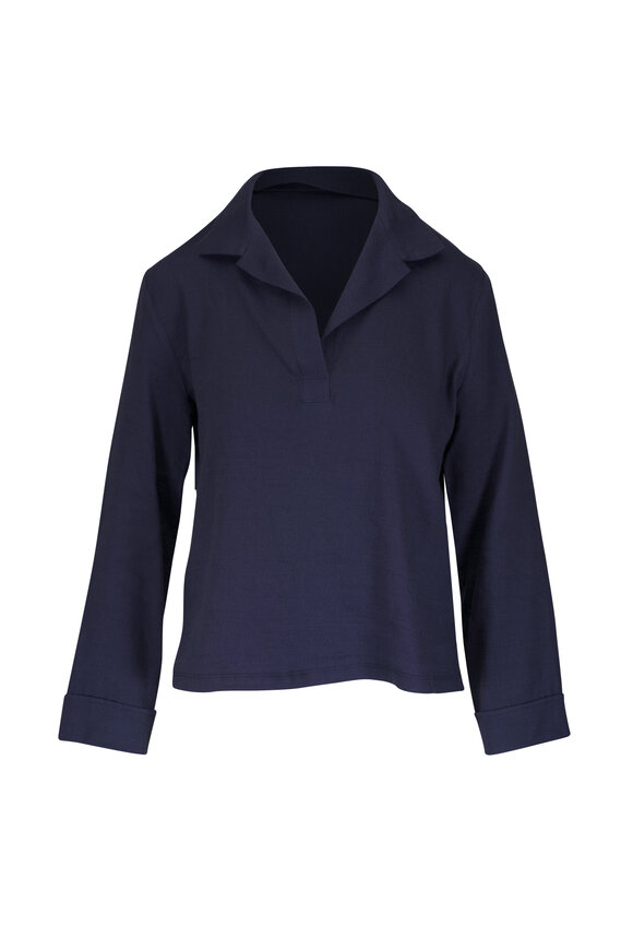 Peter Cohen Cate Navy Stretch Linen Viscose V-Neck Blouse