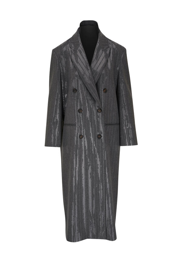 Brunello Cucinelli Charcoal Gray Stripe Long Sequin Coat