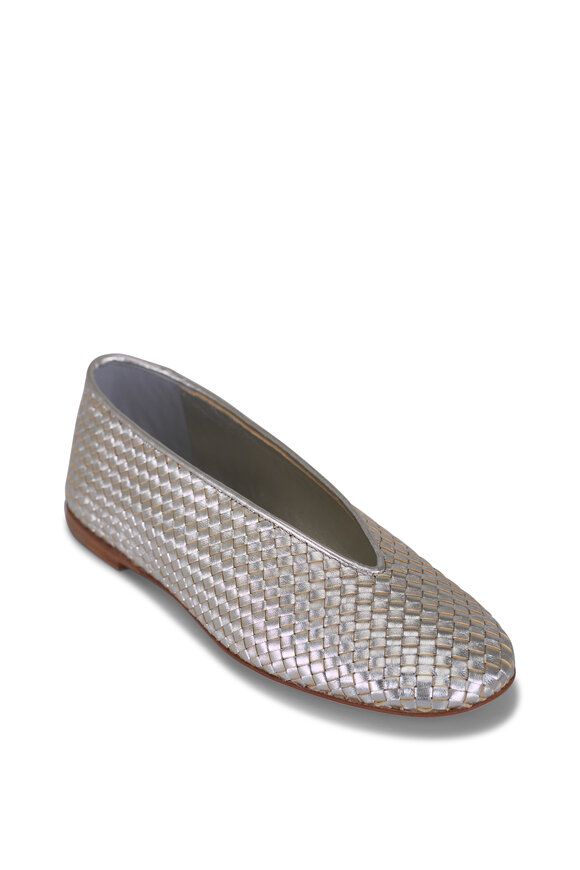Bottega Veneta Rosa Platinum Intrecciato Leather Flat