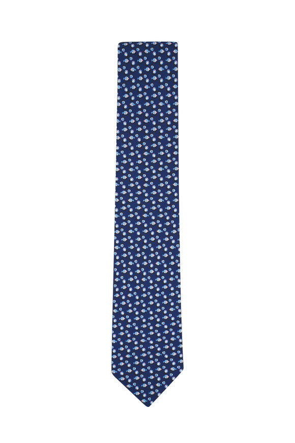 Ferragamo Navy Fish Print Silk Necktie 