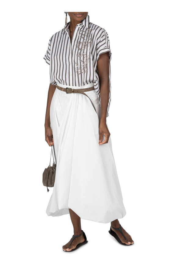 Brunello Cucinelli - White Techno Cotton Bubble Hem Midi Skirt