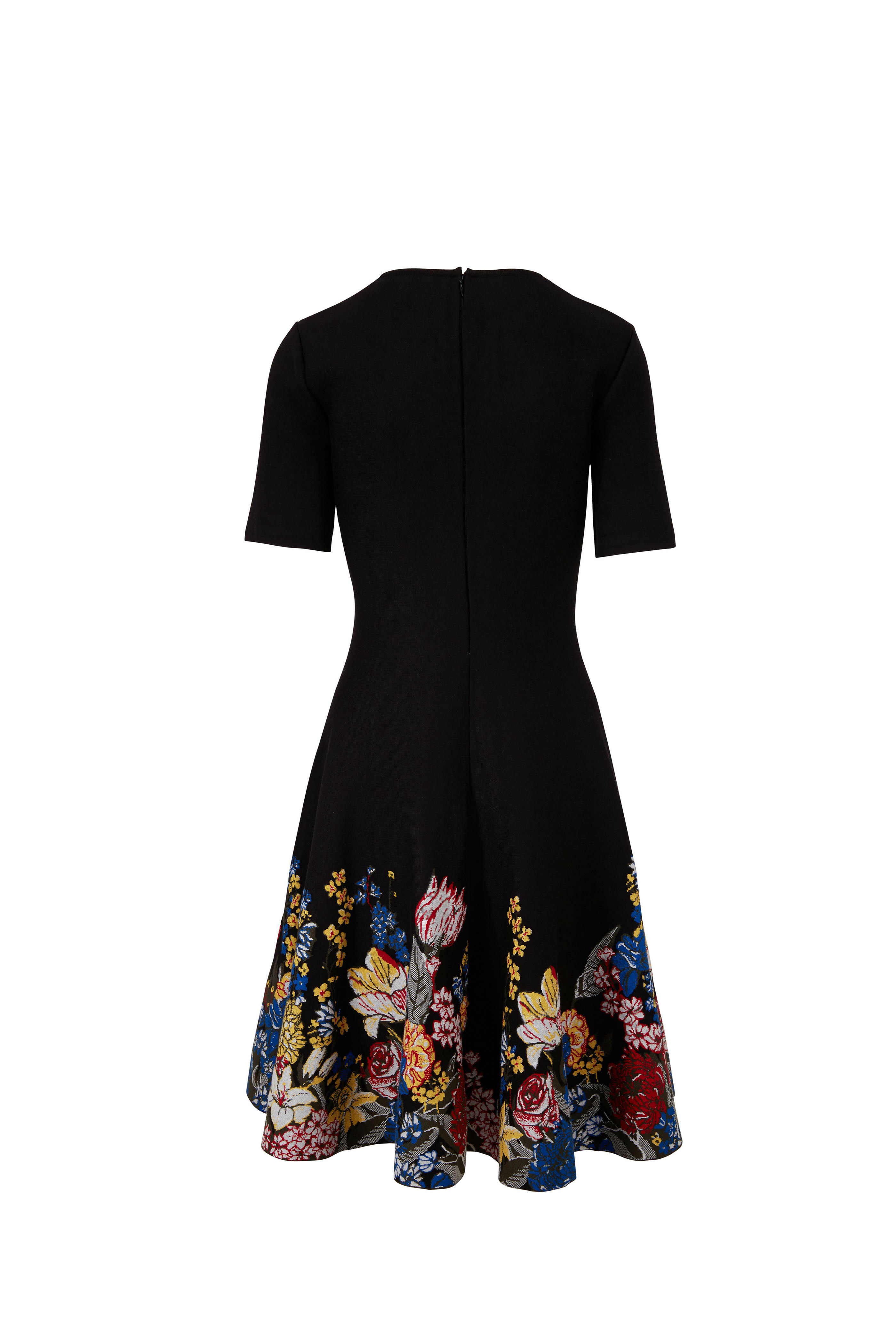 Oscar de la Renta - Black Bouquet Print Short Sleeve Knit Dress