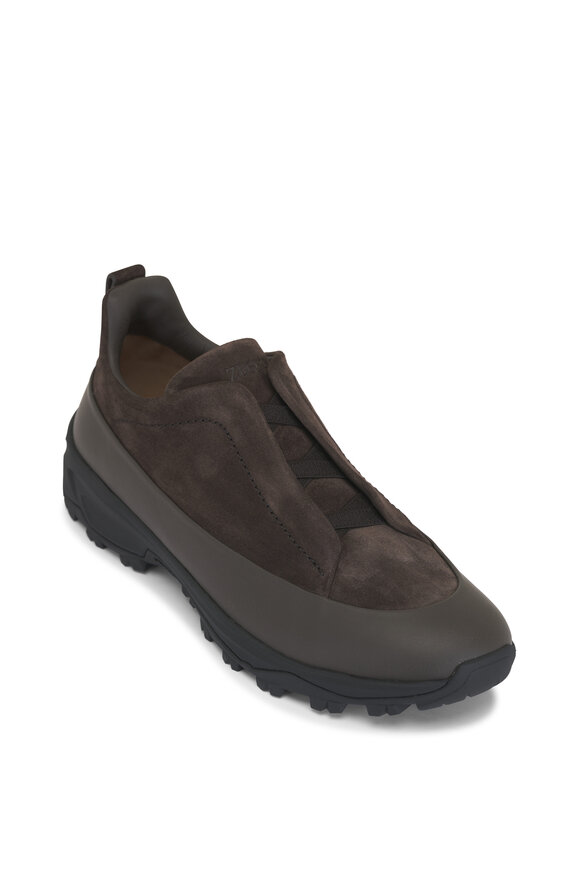 Zegna Triple Stitch Monte Brown Suede Low Top Sneaker