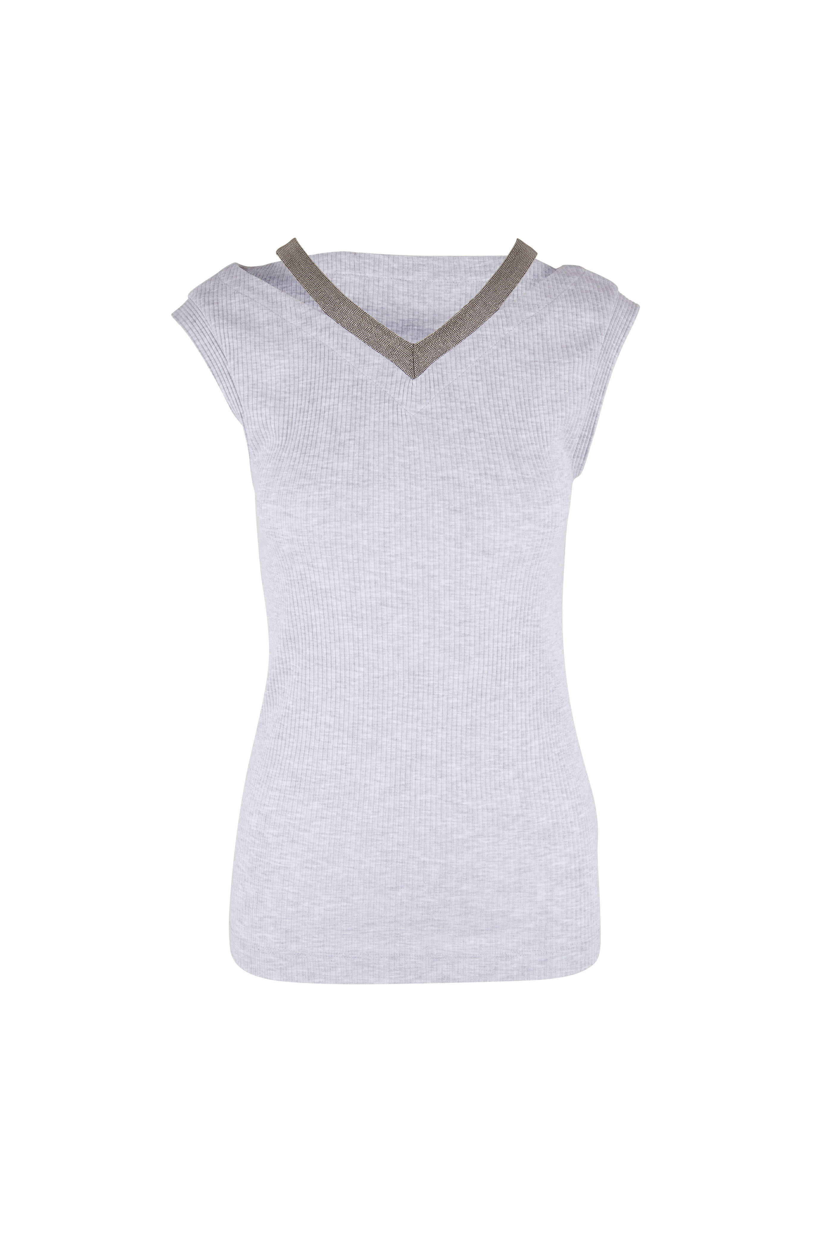 Brunello Cucinelli - Light Gray Monili Neckline Ribbed Cotton Tank