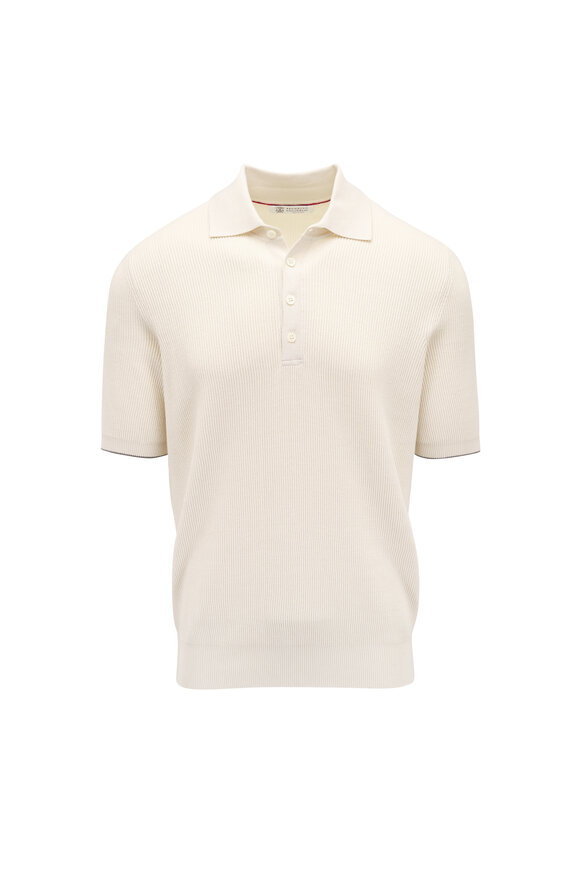 Brunello Cucinelli Off White English Ribbed Cotton Polo
