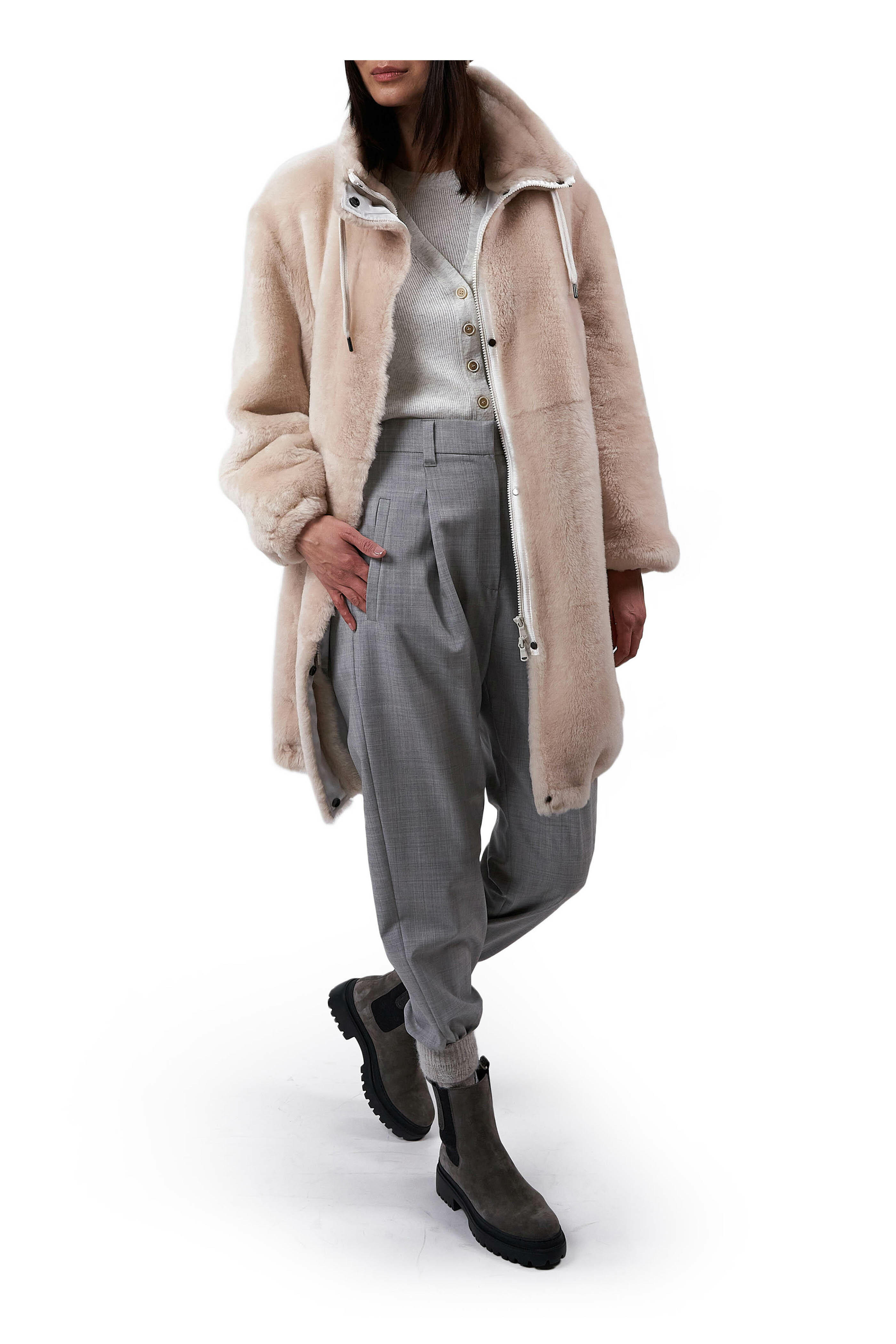 Brunello Cucinelli - Camel Shearling Mid-Length Coat