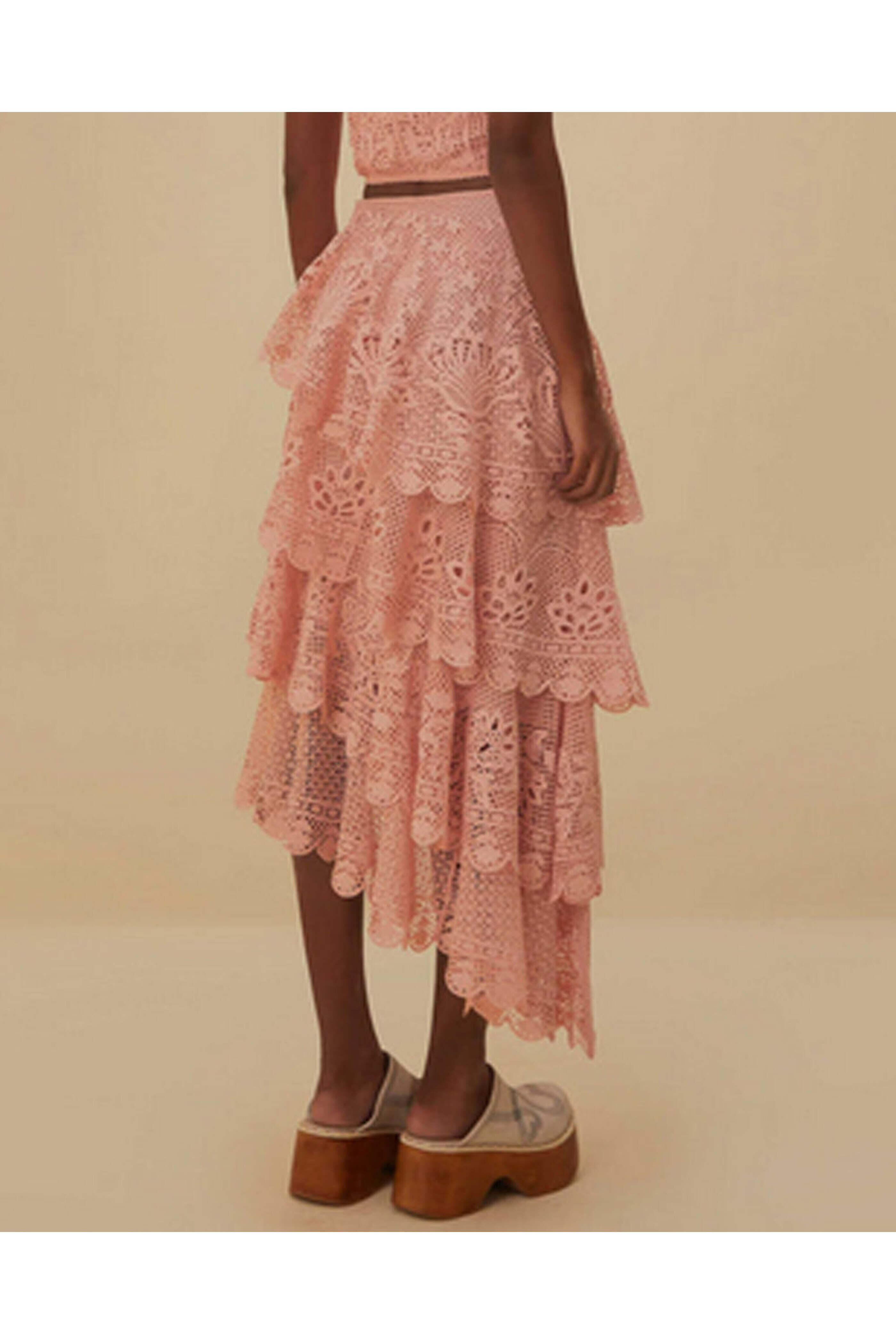 Farm Rio - Light Pink Guipure Tiered Maxi Skirt