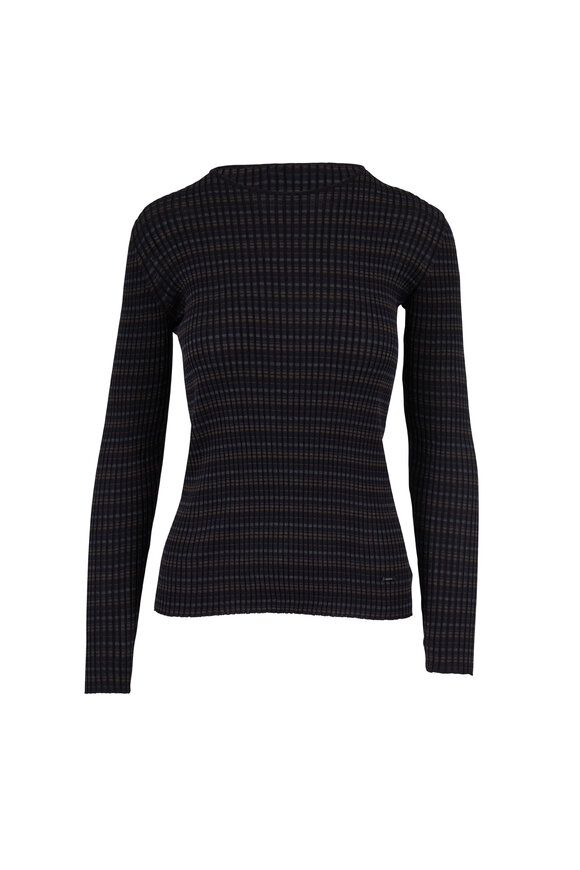 Akris - Navy, Bark & Black Silk Ribbed Knit Top