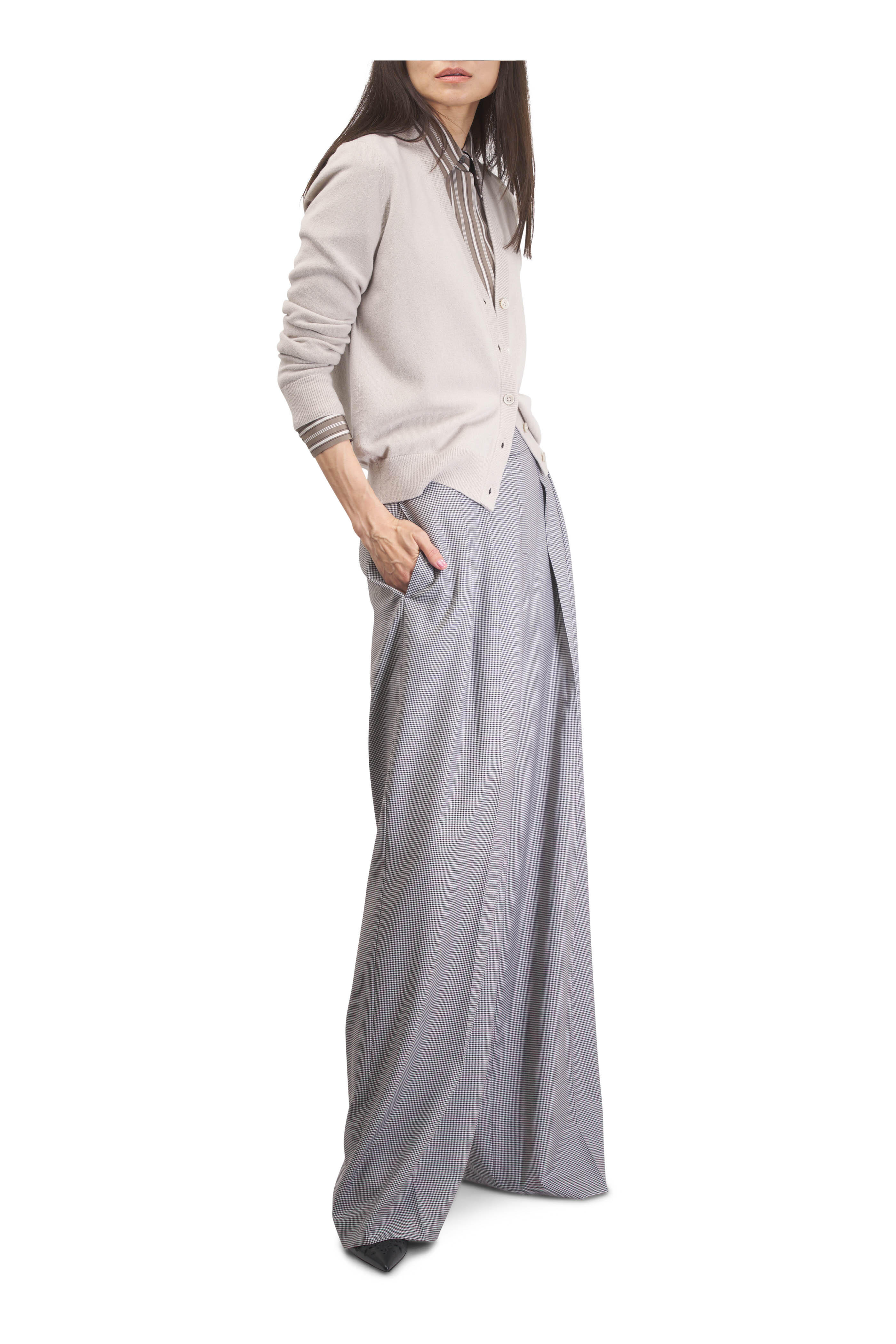 Michael Kors Collection - Pleated Brown & White Slouch Virgin Wool Pant