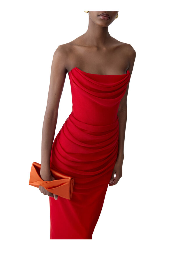 Carolina Herrera Herrera Red Strapless Draped Midi Dress - view 4