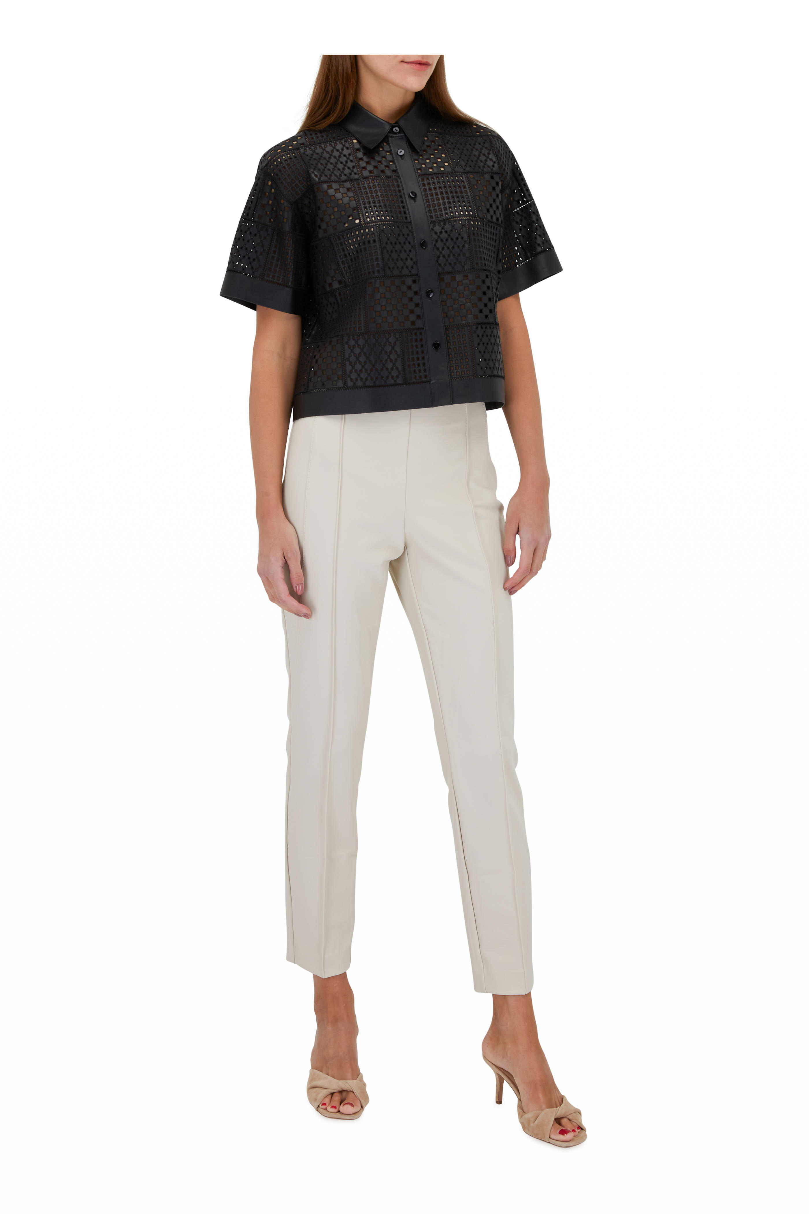 Lafayette 148 New York - Trent Black Leather Embroidered Patchwork Blouse