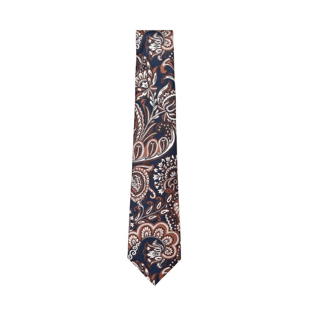 Kiton - Navy Blue & Dark Taupe Paisley Print Silk Necktie