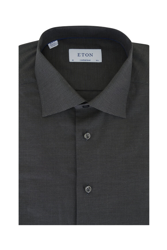 Eton Dark Green Mini Houndstooth Cotton Dress Shirt