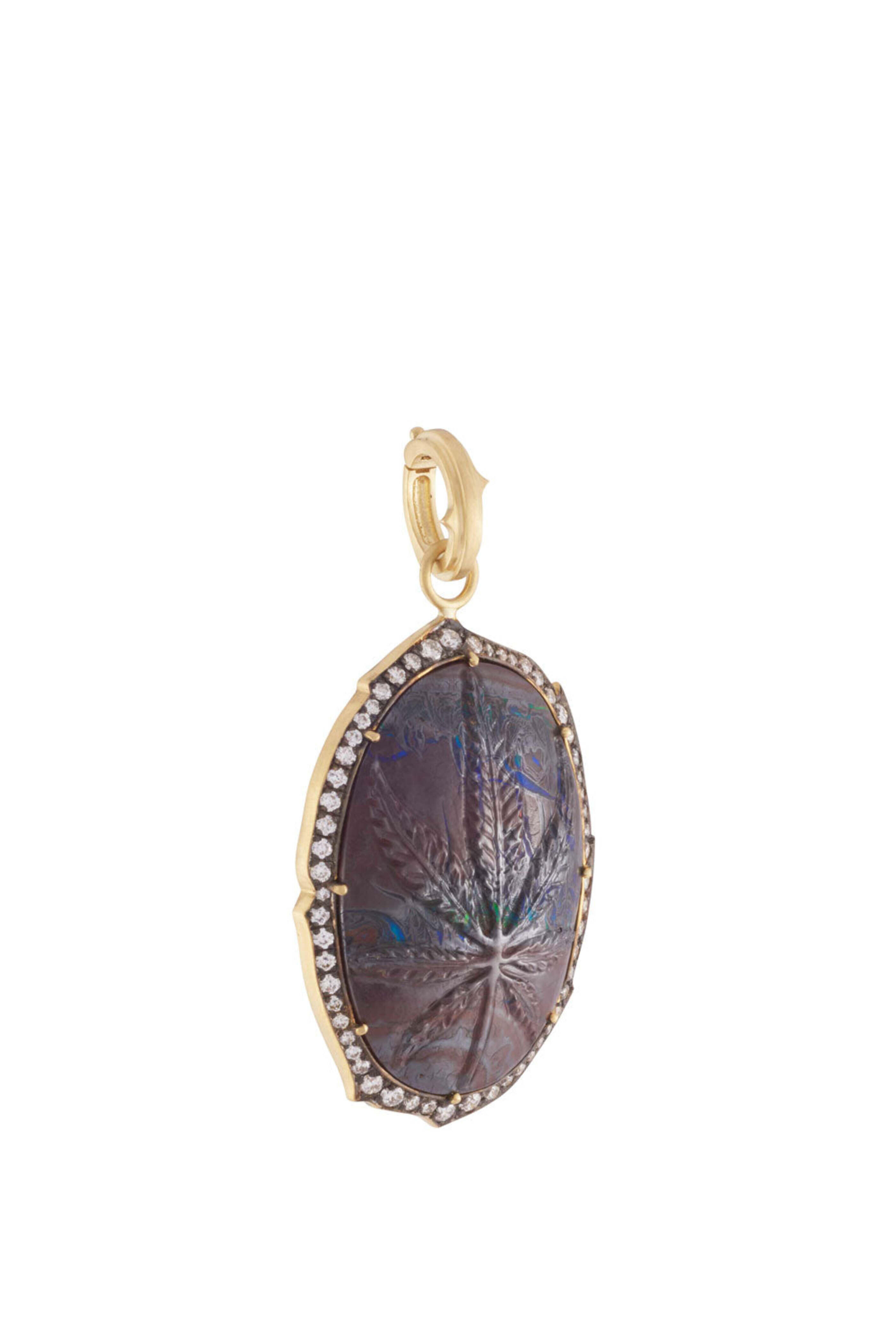 Sylva & Cie - Opal & Diamond Hand Carved Marijuana Leaf Pendant