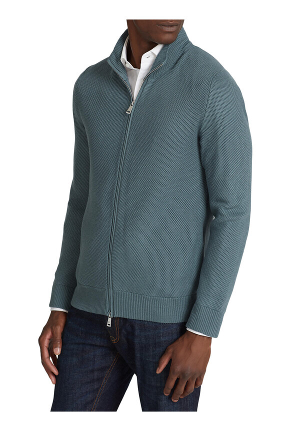 Ralph Lauren Purple Label - Isla Blue Mélange Silk & Cotton Full-Zip Sweater